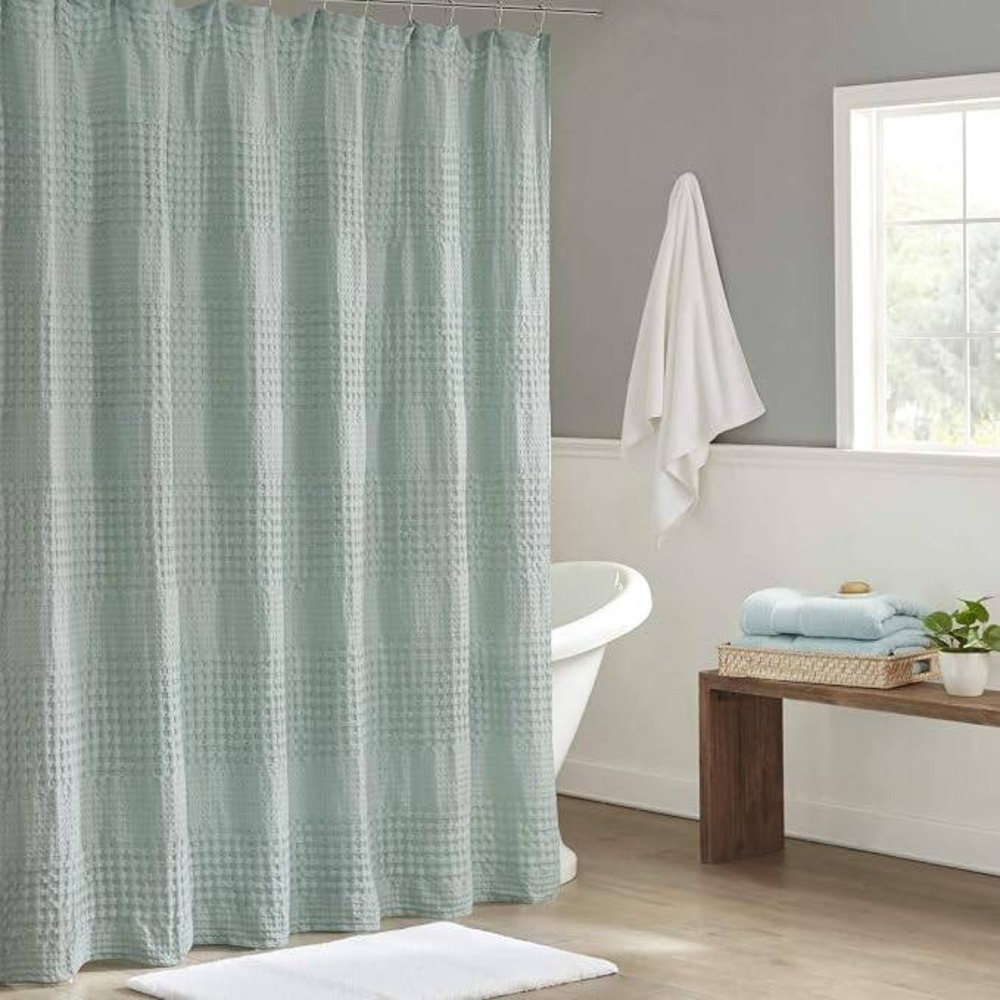 Madison Park Arlo Seafoam Green 100% Cotton Shower Curtain 72x72" Waffle 800GSM